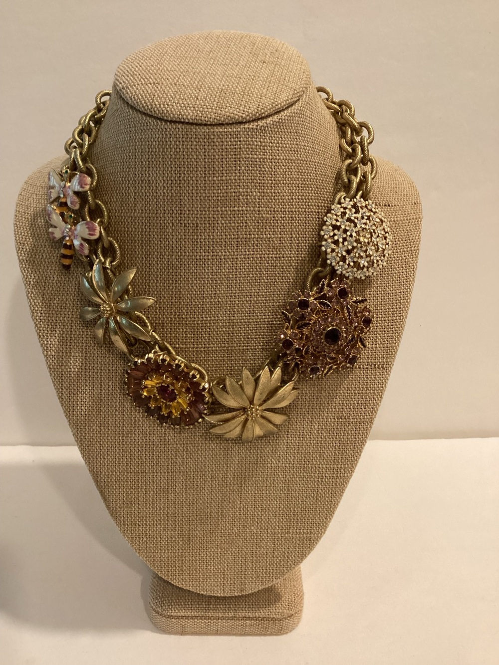 Banana Republic Floral Statement Necklace Gold Tone Chunky Bib Rhinestone Boho